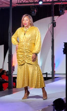 Load image into Gallery viewer, NEW Gold knit dress with front vertical  gathers with swing skirt