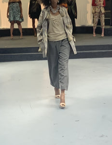 Grey asymmetric-pleated pants