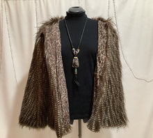 Load image into Gallery viewer, Faux owl feather jacket with coordinating boot toppers is fashion forward and animal rights friendly.