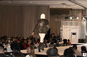 Faux owl feather jacket with coordinating boot toppers is fashion forward and animal rights friendly.