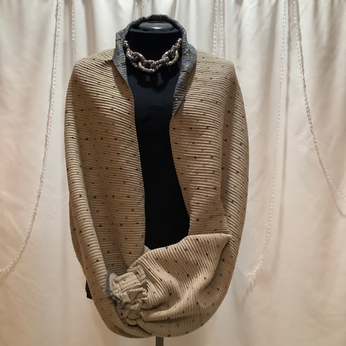 Accordion pleated reversible Sham Shawl. Sham Shawls are shawls with sleeves styled like a Bolero jacket. Created to stay on the shoulders when typical shawls fall off